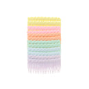 A collection of pastel-colored hair combs displayed vertically, with the top comb in yellow and the bottom comb in purple.