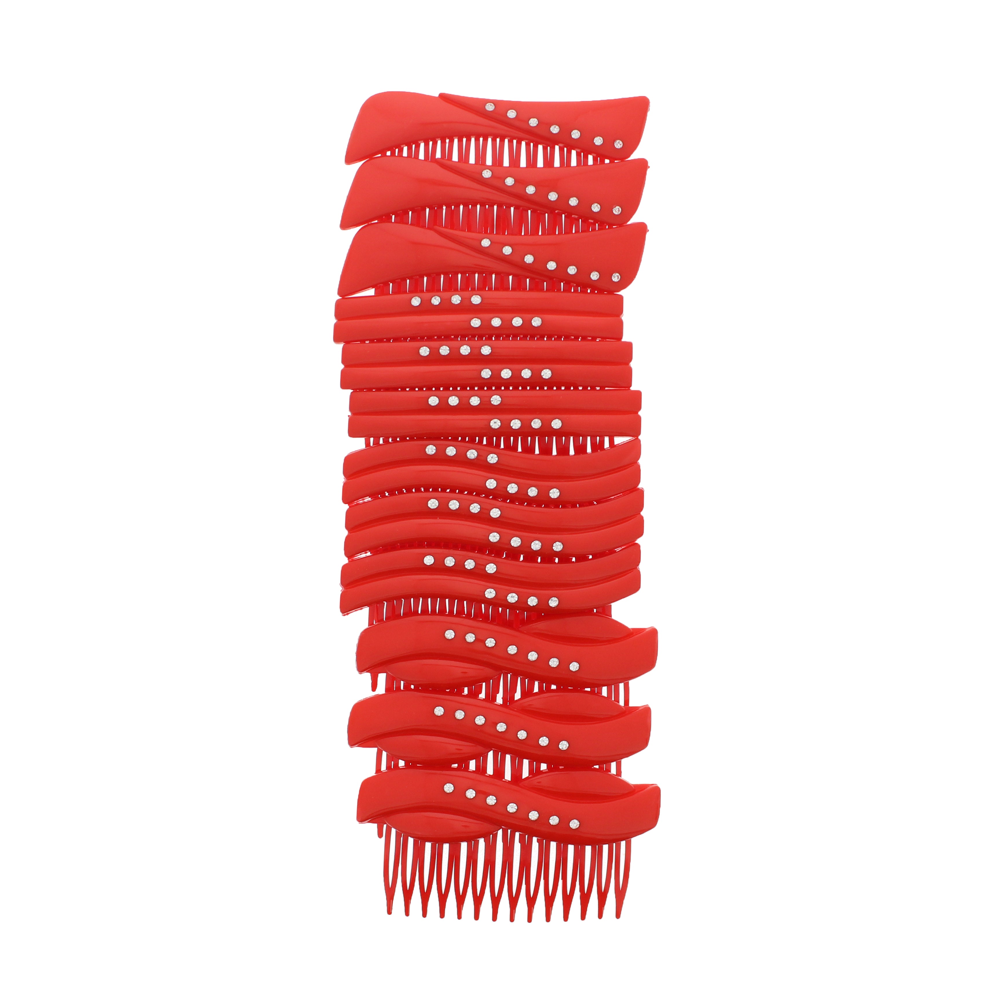 A collection of red hair combs with diamante stones, neatly arranged in a stacked formation.
