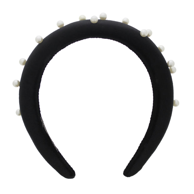 Black Velvet 3.6cm Padded Thick Aliceband with Uniform Pearls
