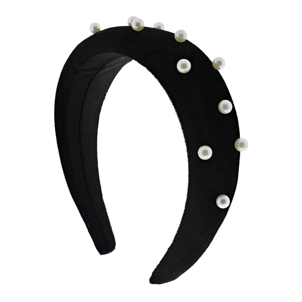 Black Velvet 3.6cm Padded Thick Aliceband with Uniform Pearls