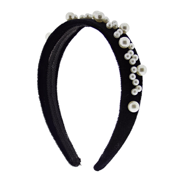 Black Velvet 3.6cm Padded Thick Aliceband with Assorted Size Pearls