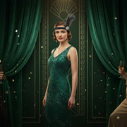 A black feather fascinator with a sequin headband, featuring a floral embellishment in the center.