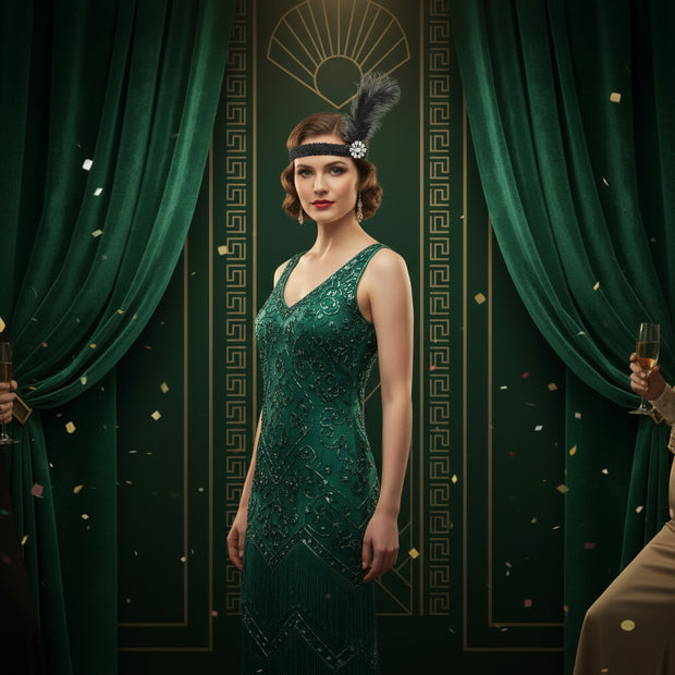 A black feather fascinator with a sequin headband, featuring a floral embellishment in the center.