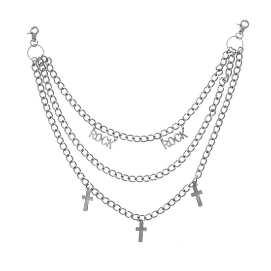 Rhodium Rock & Cross Triple Hip Chain