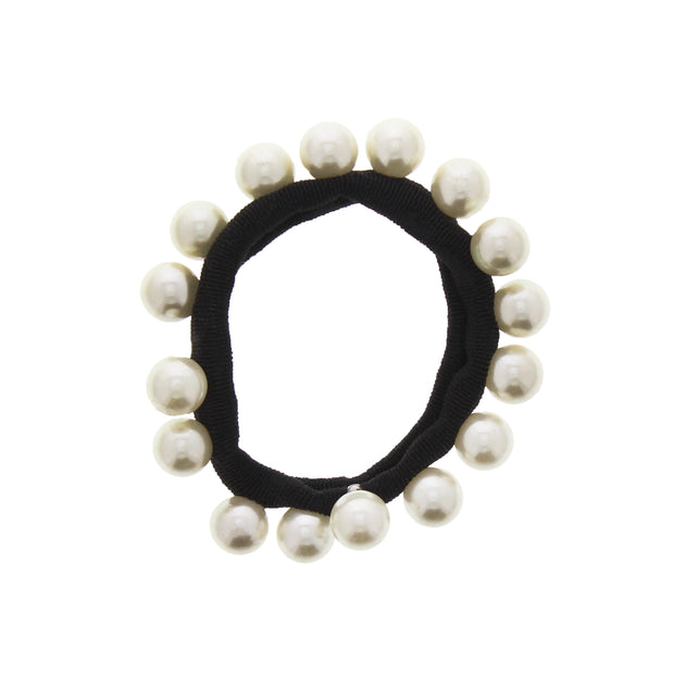 Thick Black Snag Free Elasticated Soft Hair Ponios with Uniform Cream Pearl Beads Attached