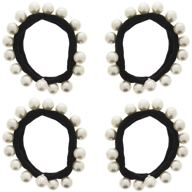 Thick Black Snag Free Elasticated Soft Hair Ponios with Uniform Cream Pearl Beads Attached