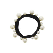 Thick Black Snag Free Elasticated Soft Hair Ponios with Alternating Size White Pearl Beads Attached