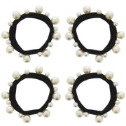 Thick Black Snag Free Elasticated Soft Hair Ponios with Alternating Size White Pearl Beads Attached