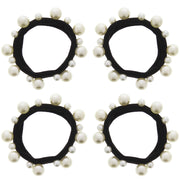 Thick Black Snag Free Elasticated Soft Hair Ponios with Alternating Size White Pearl Beads Attached