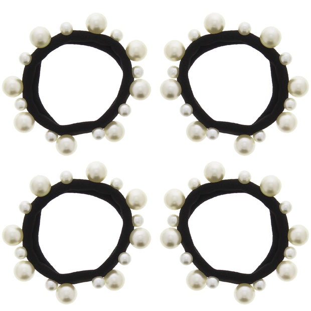 Thick Black Snag Free Elasticated Soft Hair Ponios with Alternating Size White Pearl Beads Attached