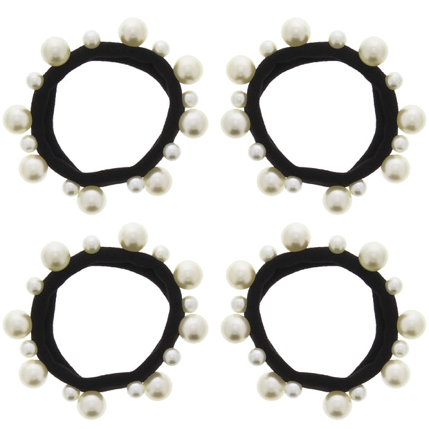 Thick Black Snag Free Elasticated Soft Hair Ponios with Alternating Size White Pearl Beads Attached