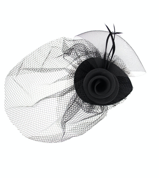 Black Flower Fascinator Hat with Birdcage Veil