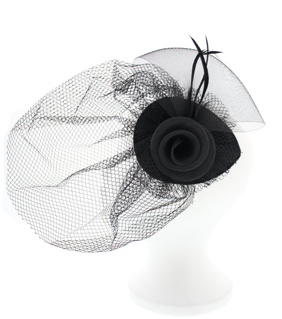 Black Flower Fascinator Hat with Birdcage Veil