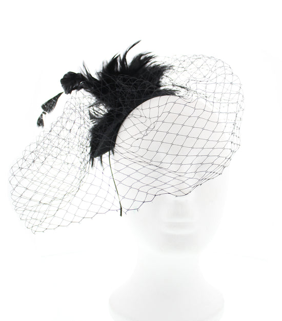 Black Feather Fascinator Headband with Birdcage Veil