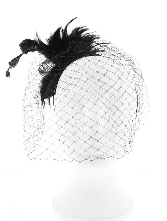 Black Feather Fascinator Headband with Birdcage Veil