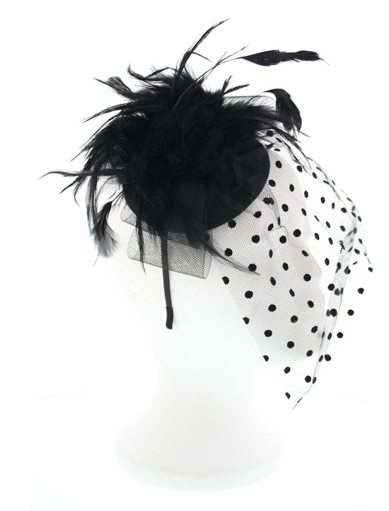 Black Fascinator Headband with Polka Dot Veil
