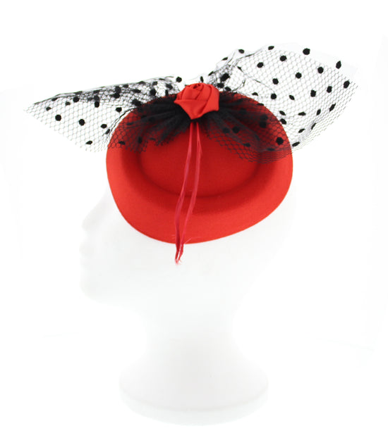 Red Pillbox Fascinator with Red Rose