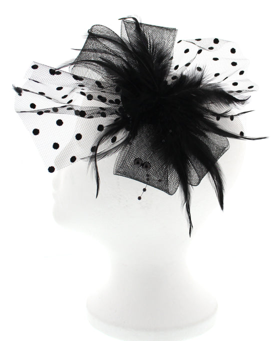 Fascinator Hat with Polka Dot Veil and Feathers