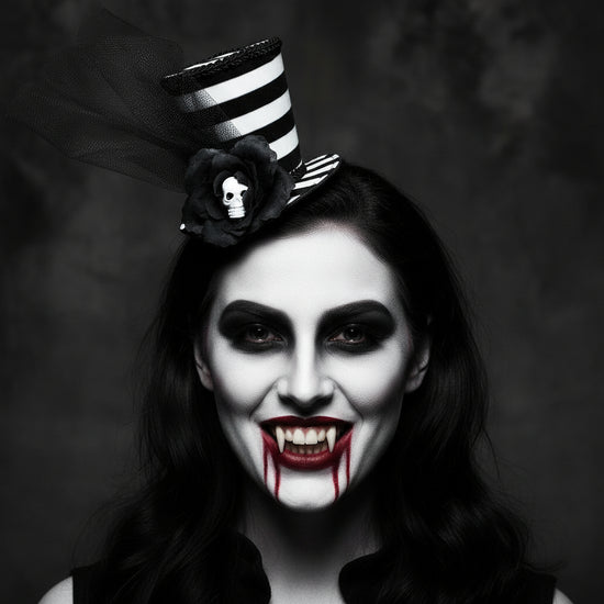 Black & White Striped Top Hat Fascinator with Skull Centred Rose & Veil