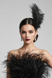 Black Long Feather Fascinator with Black Pearl Beaded Attachement