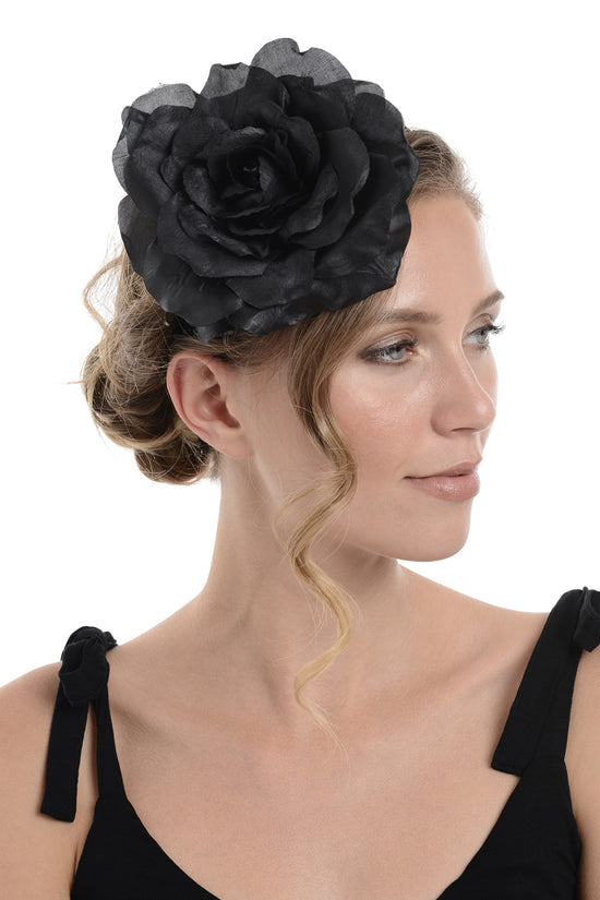 Large Black Flower Fascinator on Sequin Headband