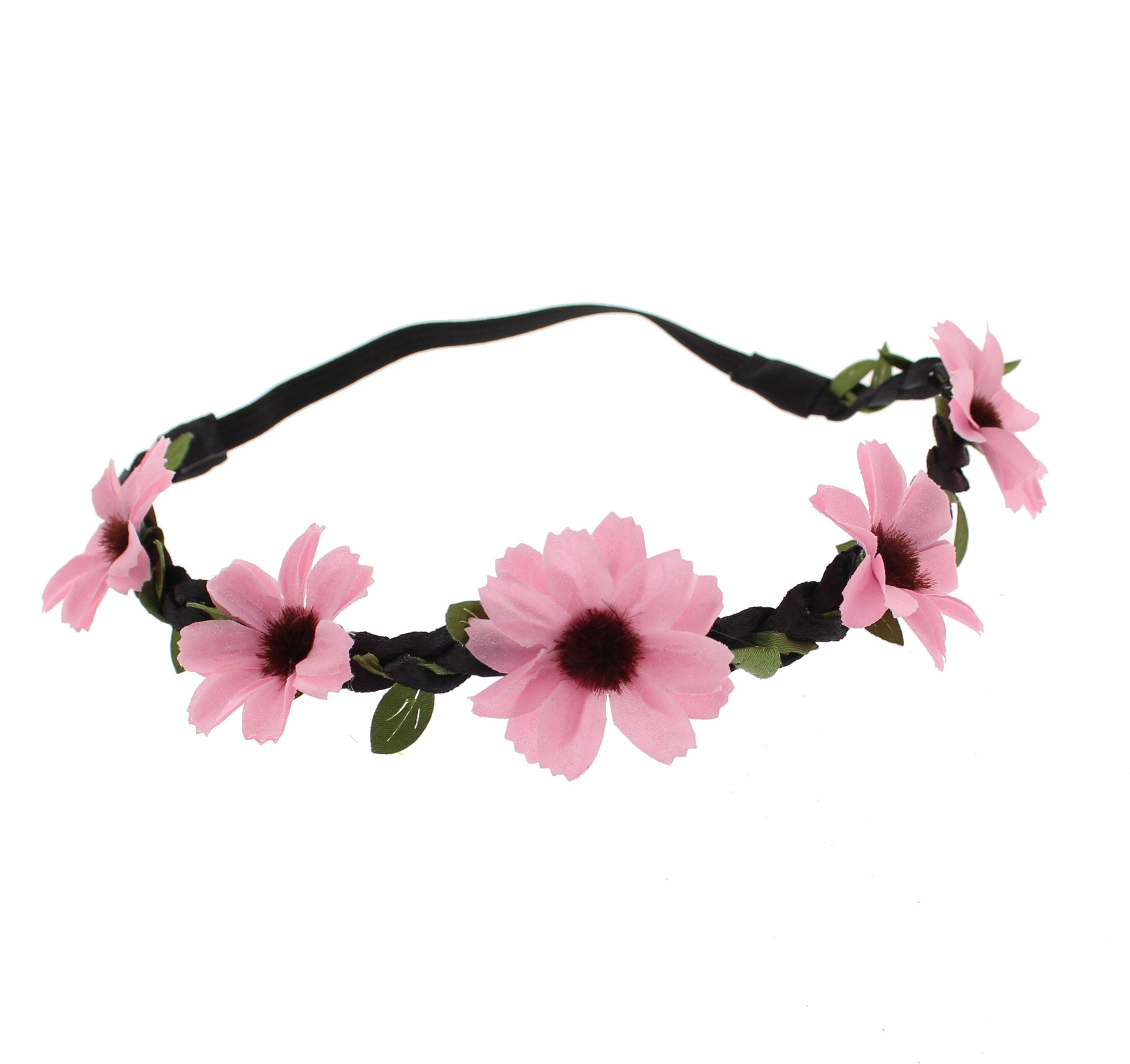 Small Flowers on Black Braided Elasticated Hair Wreath Garland