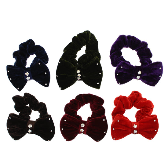 Winter Colour Velvet Scrunchies with Bow & Rhinestones