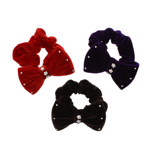 Winter Colour Velvet Scrunchies with Bow & Rhinestones