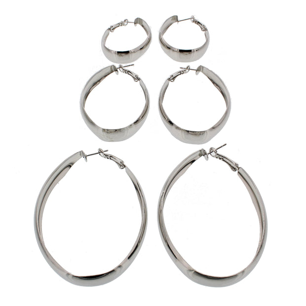 3 on a Card Oval Shaped Plain Hoop Earrings