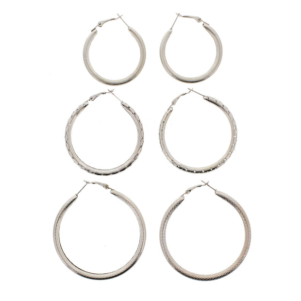 3 on a Card Assorted Patterned Hoop Earrings (Approx. 4/ 5/ 6cm Diameters)