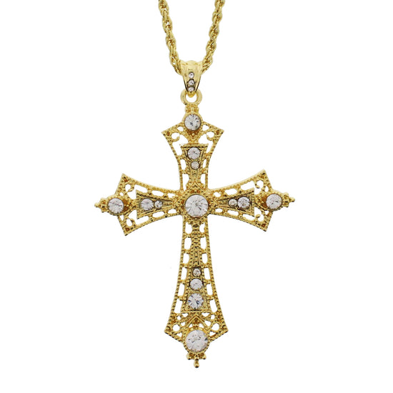 Gold Cross Chain Necklace With Clear Gems