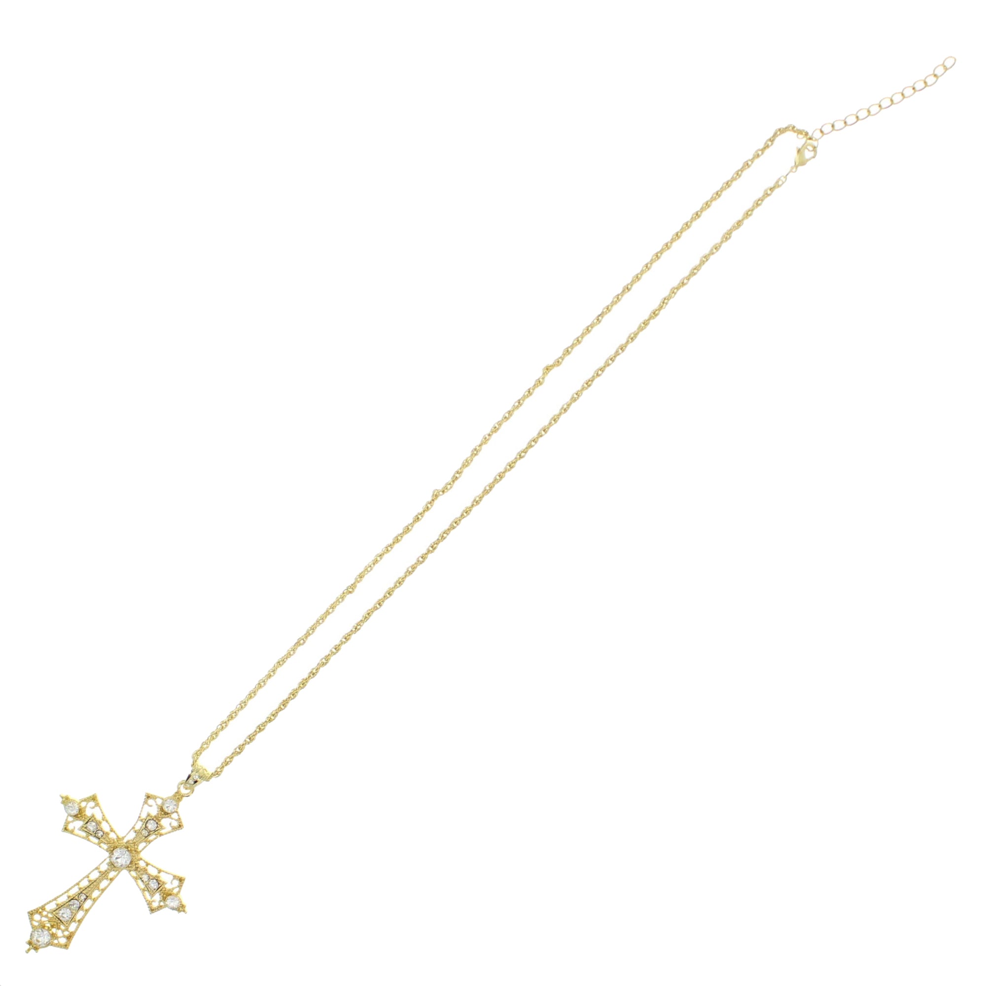 Gold Cross Chain Necklace With Clear Gems