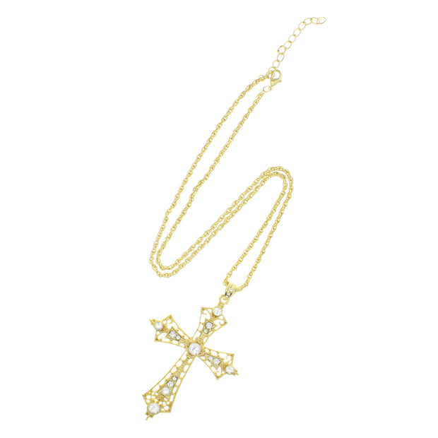 Gold Cross with Clear Gems on a 69cm Chain Necklace (7 x 11cm Pendant)