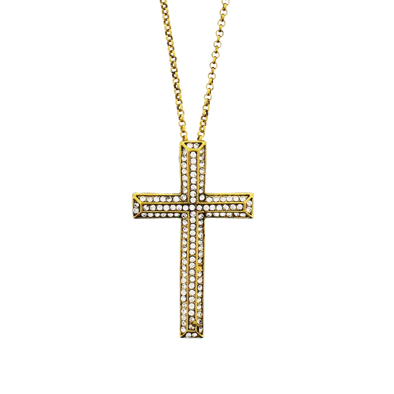 Gold Cross Chain Necklace with Clear Gems