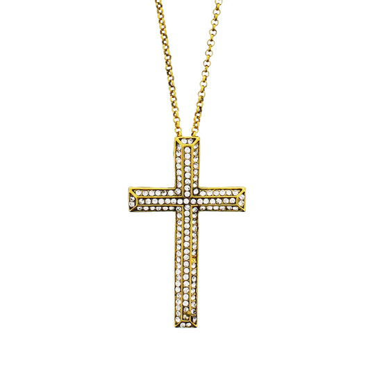 Gold Cross Chain Necklace with Clear Gems