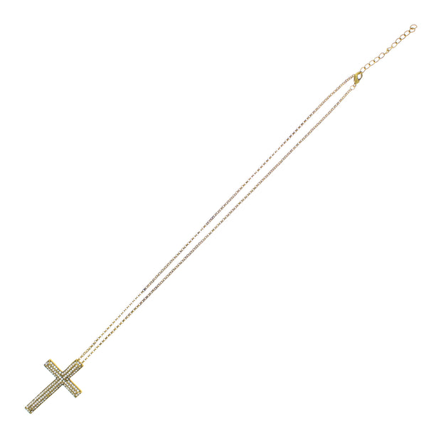 Gold Cross with Clear Gems on a 71cm Chain Necklace (4 x 7cm Pendant)