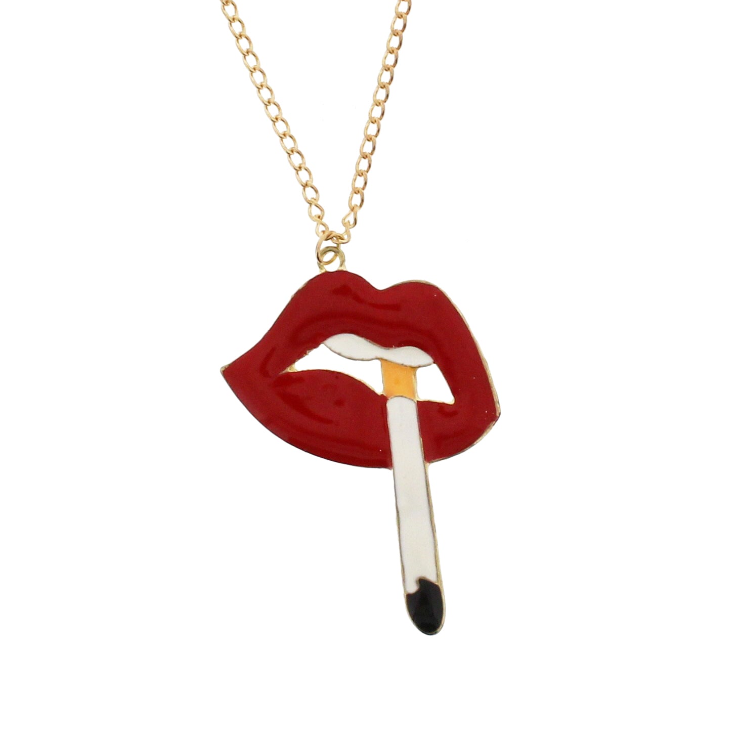 Lips With a Cigarette Necklace on a 68cm Gold Chain