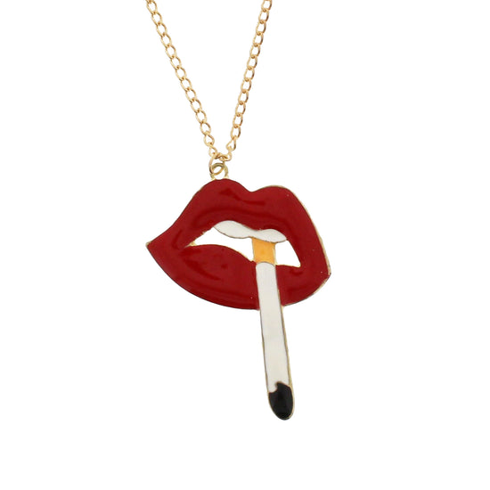 Lips With a Cigarette Necklace on a 68cm Gold Chain
