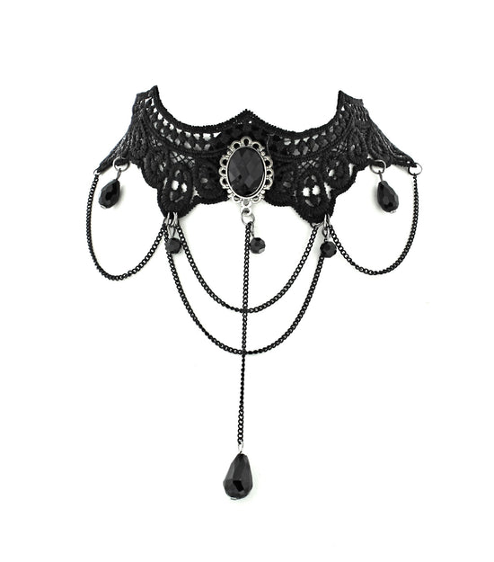 Black Lace Choker with Hanging Black Fascitated Attachments