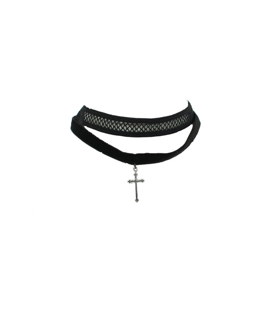 Elasticated Lace Choker & Velvet Choker with Hanging Cross