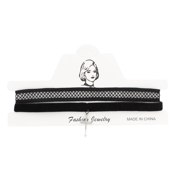 Elasticated Lace Choker & Velvet Choker with Hanging Cross