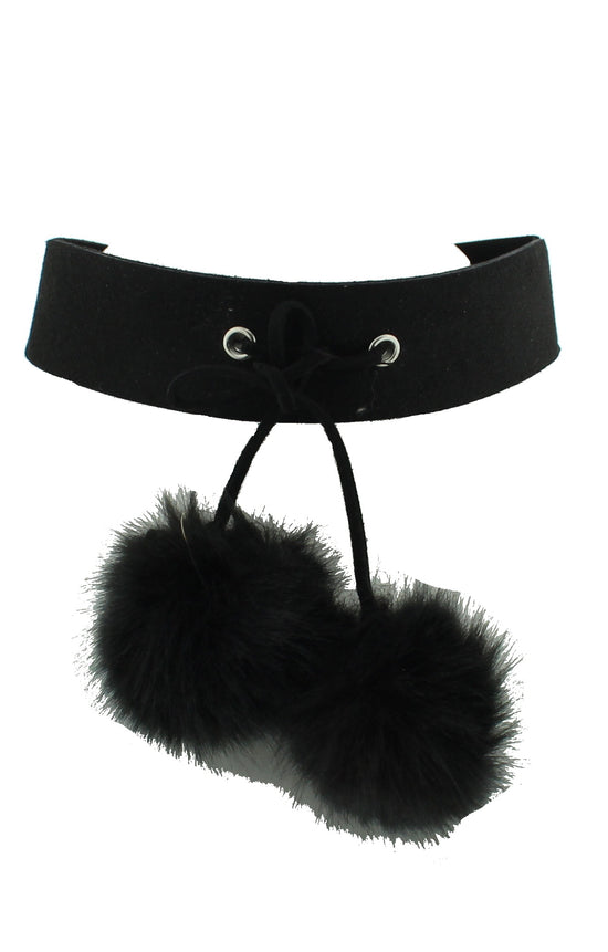 Black Suede Choker with Fur Pom Poms