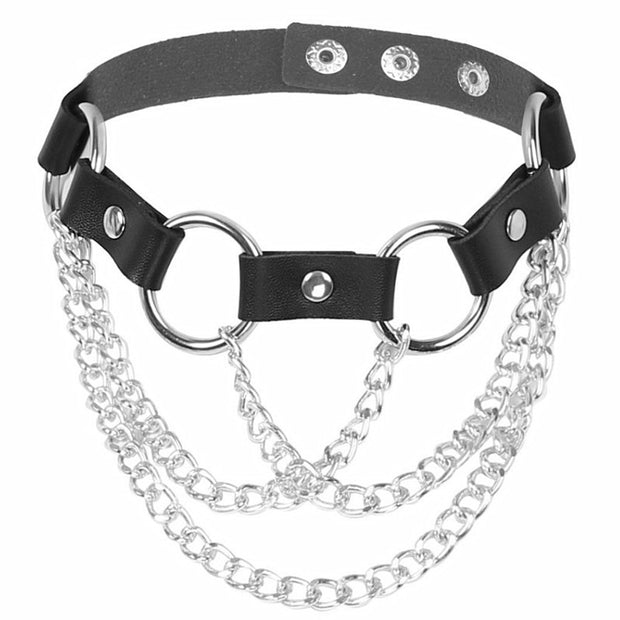 Black PU Choker with Rings and Chains