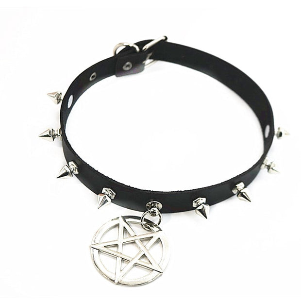 Black PU Choker with Spikes and Pentagram Attached
