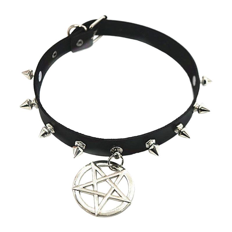 Pentagram Pendant Spikes PU Choker