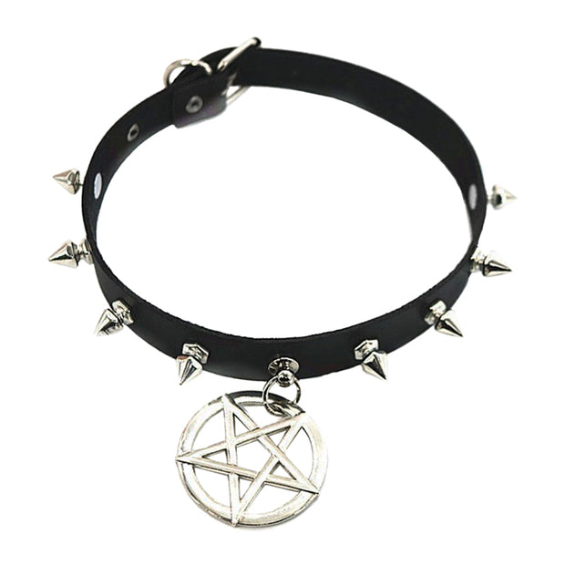 Black PU Choker with Spikes and Pentagram Attached