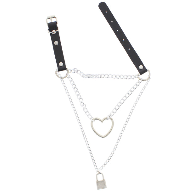 Black PU Choker with Heart & Lock Chain