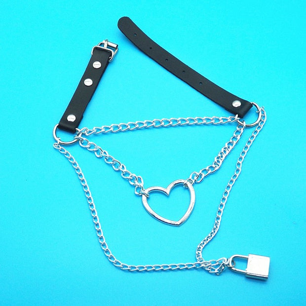 Black PU Choker with Heart & Lock Chain
