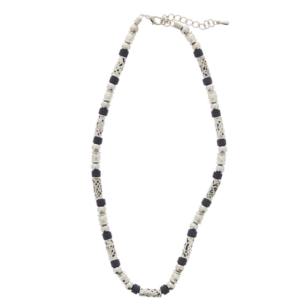 Silver Tribal Design with Black Beads Necklace