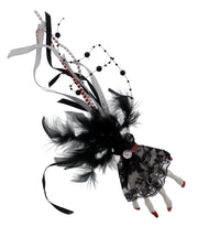 Large Silver Glitter Skeleton Hand Fascinator on Clip with Feathers, Ribbon, Lace & Hanging Pearl Beads